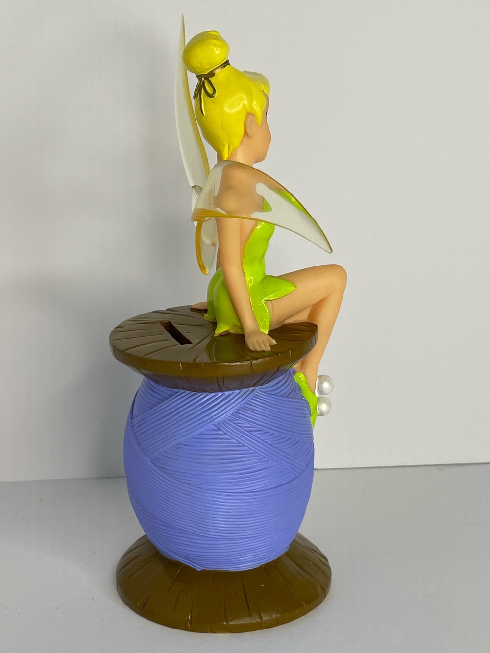 Vintage Disney TinkerBell Fairy Sitting On Thread Spool Piggy Bank 90s 10” - Picture 11 of 15